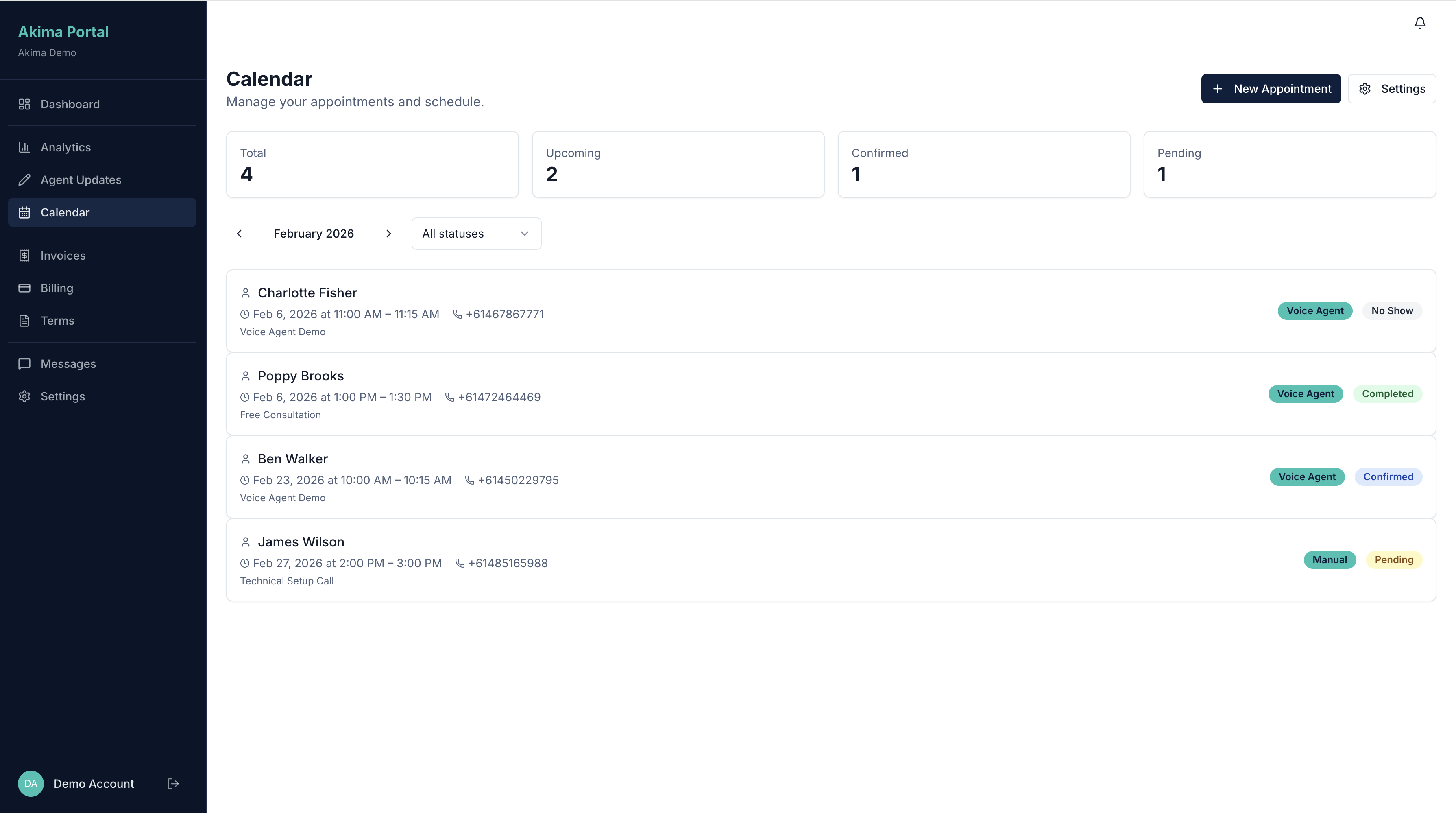Calendar with appointment scheduling and status tracking