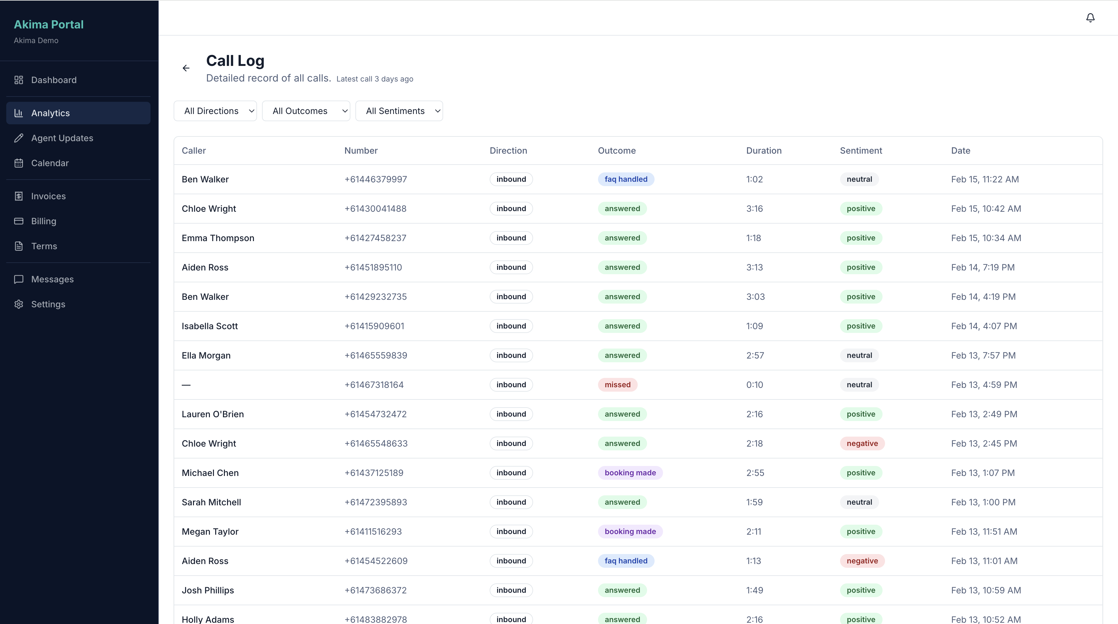Call log with filters and sentiment tracking